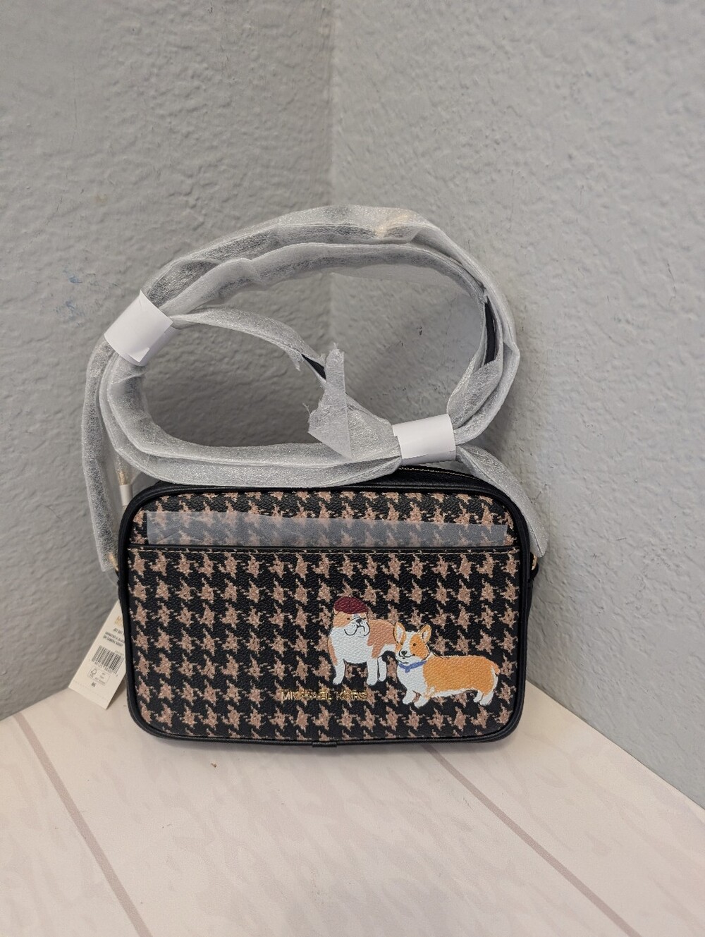NWT Michael Kors Jet Set Travel Small Houndstooth Print Camera Crossbody Bag